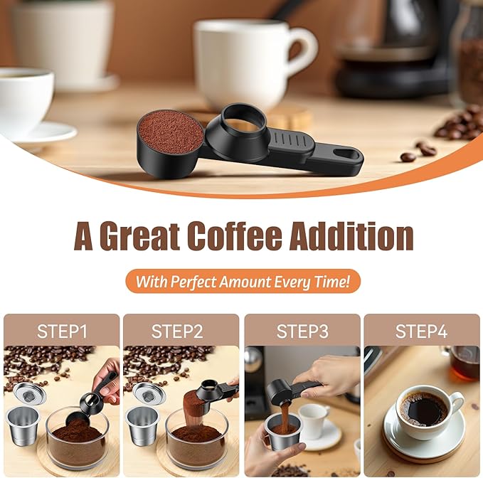 Mess-free refilling of a reusable K-Cup with the funnel scoop