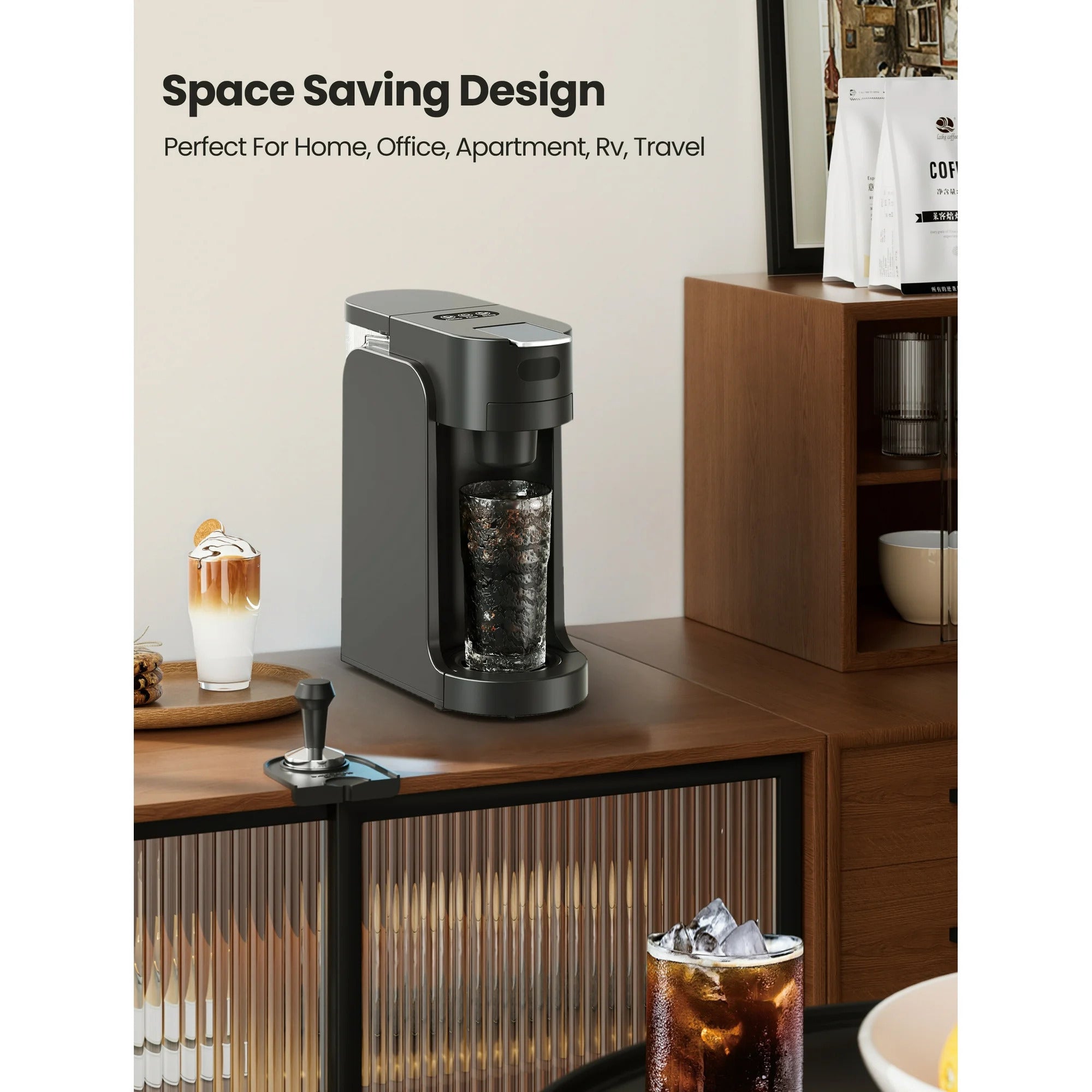 Compact single serve coffee maker brewing a fresh cup