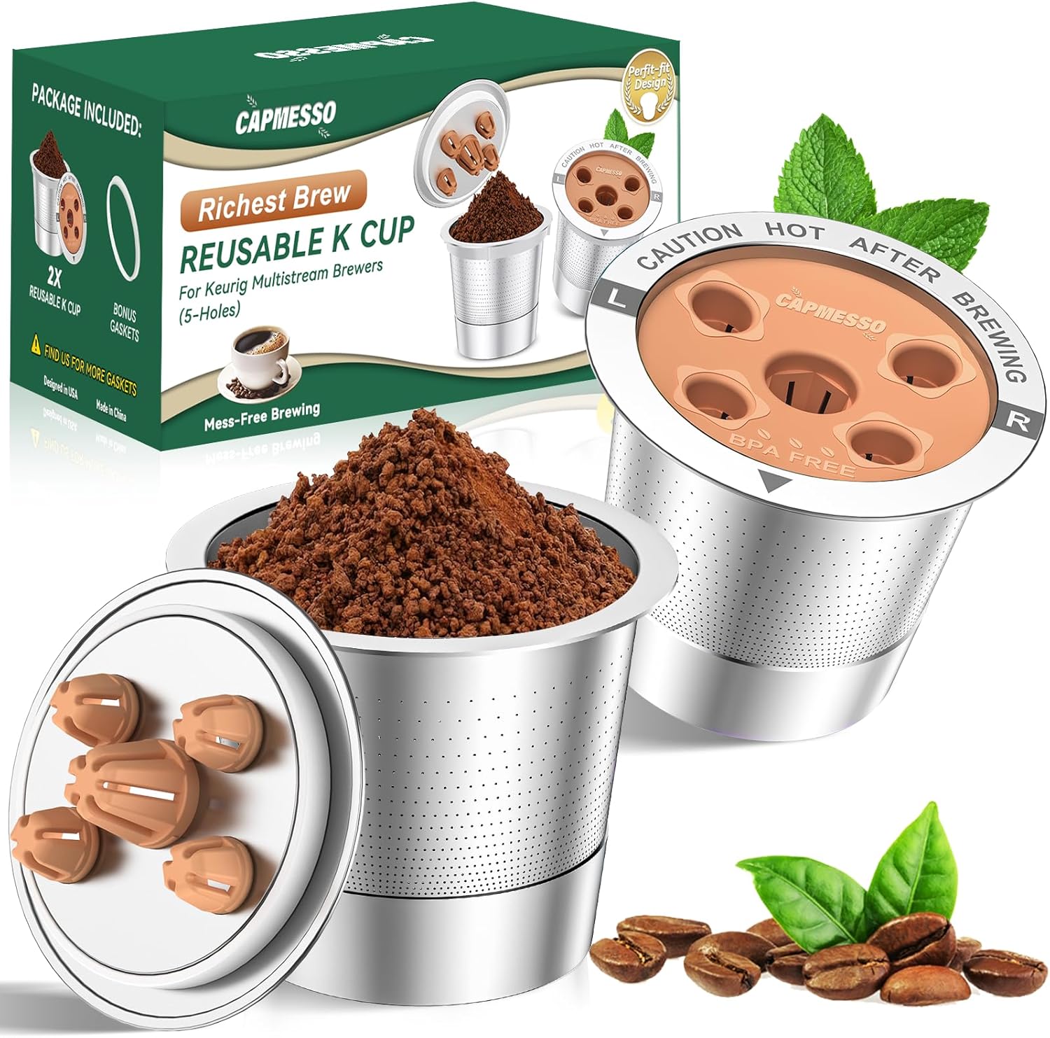 CAPMESSO 5-Hole Reusable K-Cup for Keurig MultiStream — light-brown lid