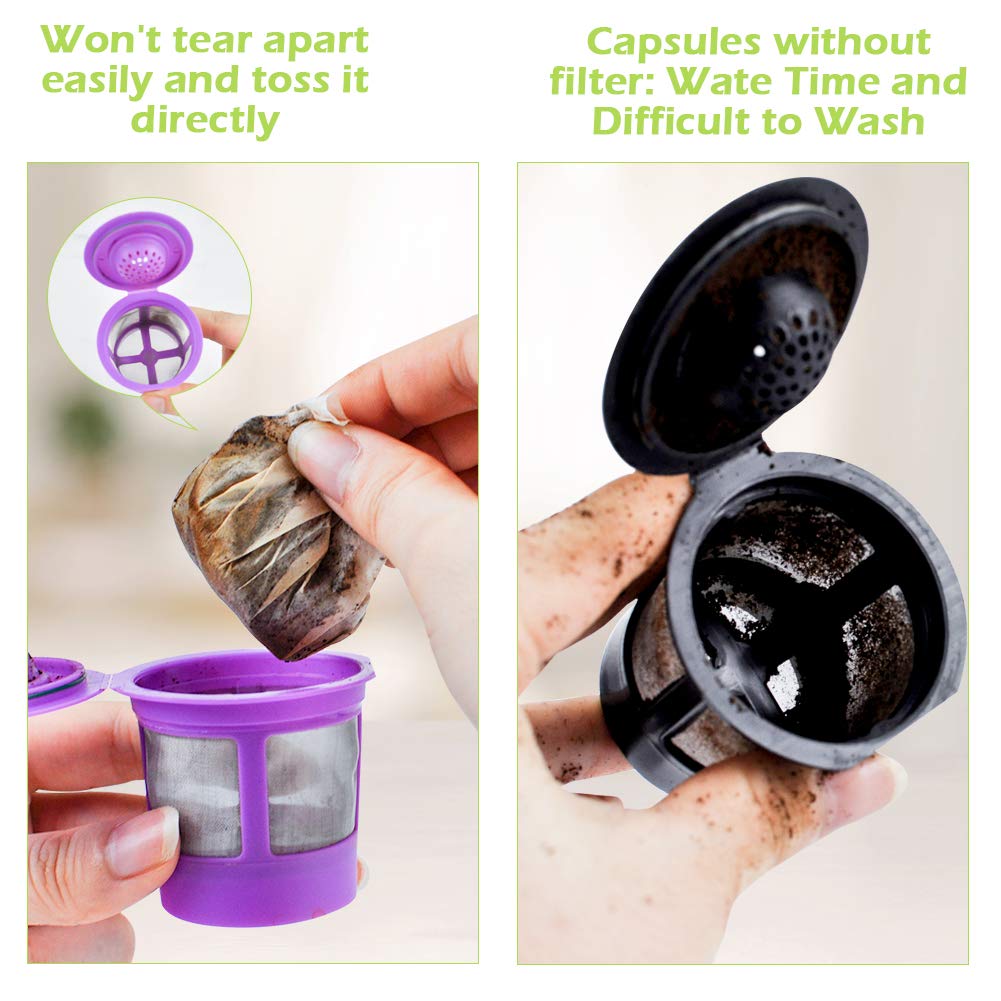 Split image showing two coffee pods. On the left, a purple pod is showcased with a CAPMESSO disposable coffee paper filter, while a hand holds a used coffee bag above it. On the right, there's a black pod without this feature, showing residue inside. The text emphasizes how cleaning is made effortless with CAPMESSO's filters, contrasting it with the challenges faced when using the black pod.