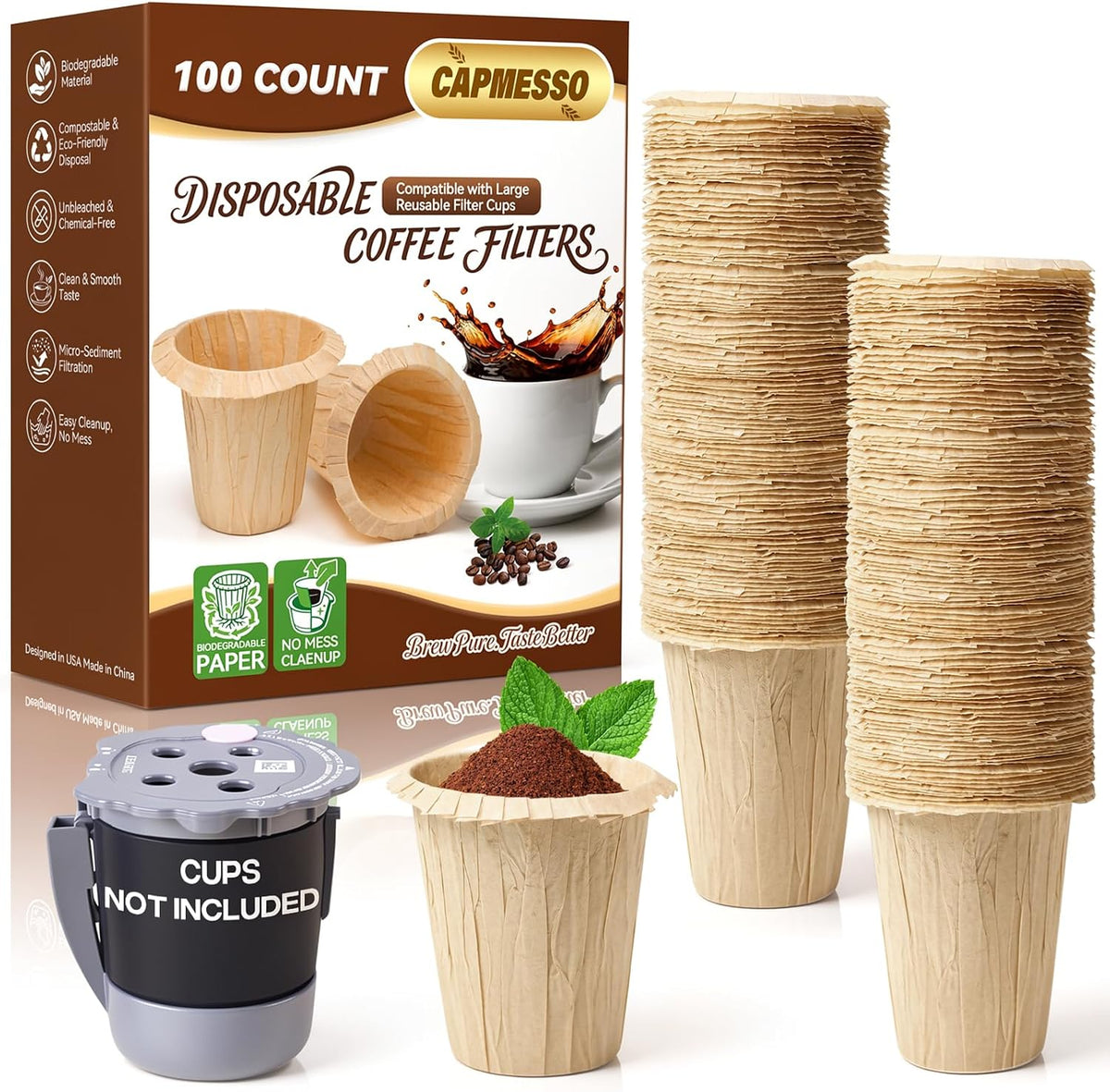 CAPMESSO 2.1" Tall Paper Coffee Filters for Large Reusable K-Cups