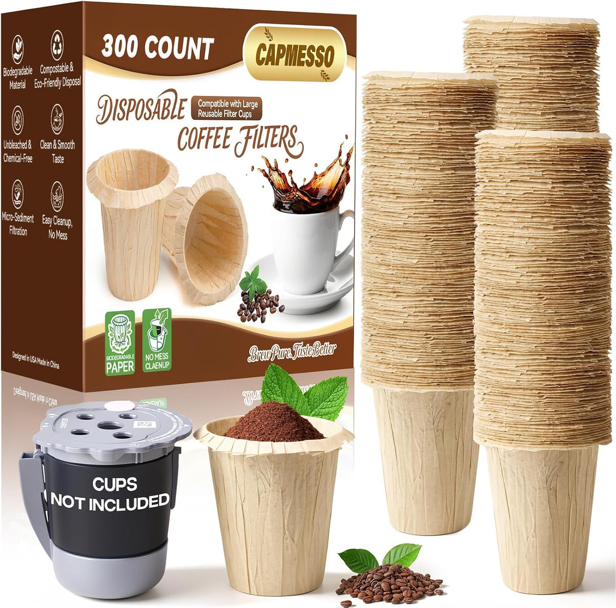 CAPMESSO 2.1" Tall Paper Coffee Filters for Large Reusable K-Cups