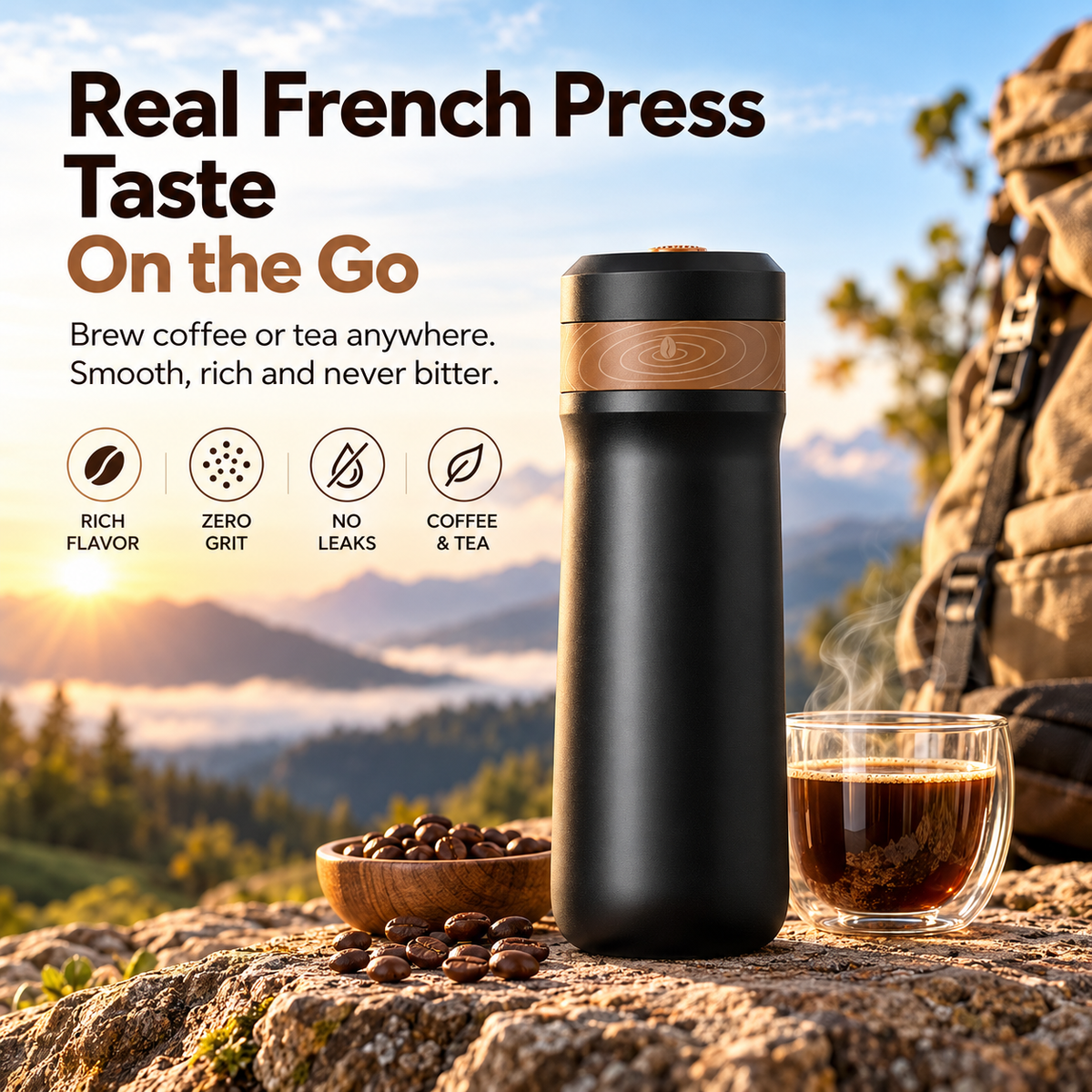 2-in-1 French Press Travel Mug – 320ml Insulated Coffee Maker