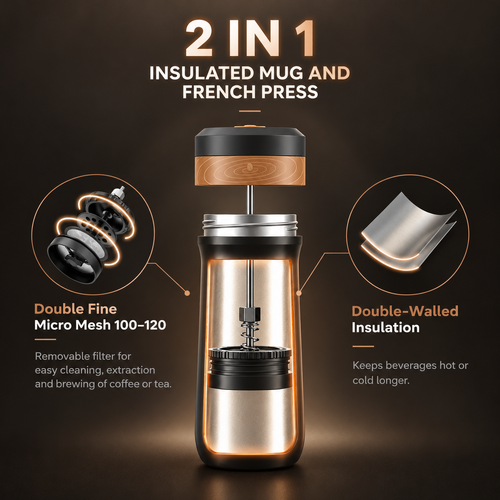 2-in-1 French Press Travel Mug – 320ml Insulated Coffee Maker
