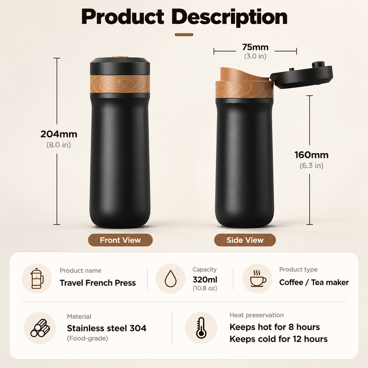 2-in-1 French Press Travel Mug – 320ml Insulated Coffee Maker