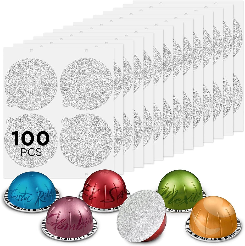 CAPMESSO 100-pack embossed aluminum foil lids for reusable Nespresso Vertuo pods