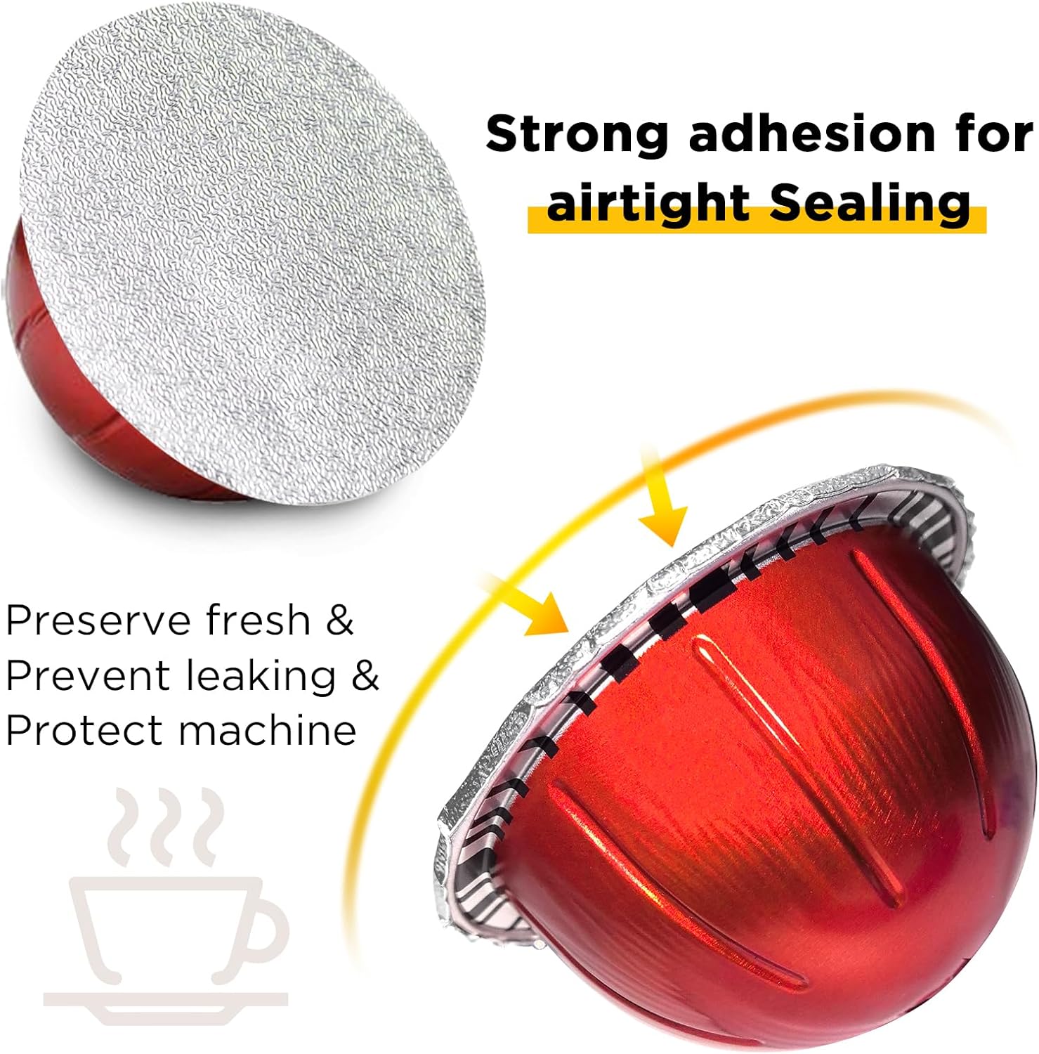 Step-by-step process of refilling a Vertuo pod and sealing it with a CAPMESSO embossed foil lid