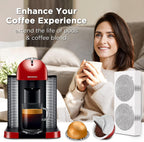 Refilled Nespresso Vertuo pod sealed with a CAPMESSO foil lid, rim barcode visible for the machine to read
