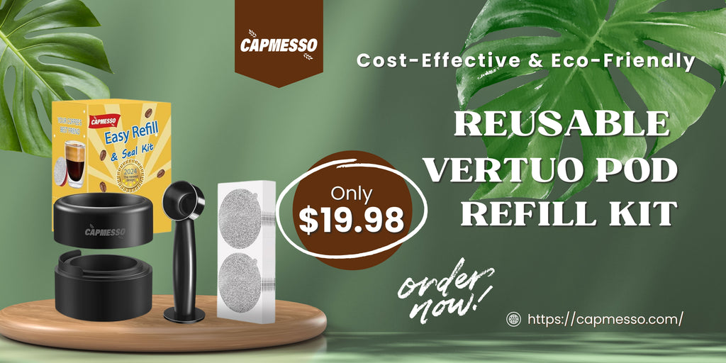 Kit de recarga de cápsulas Vertuo reutilizables, cápsulas Nespresso Vertuo reutilizables de sellado rápido con cepillo de llenado y prensado, 100 tapas de aluminio